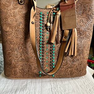 Embossed Leather Tote with Turquoise Details